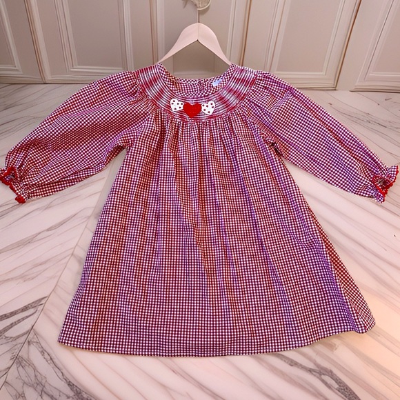 Girls Valentine's Red & White Gingham Smocked Heart Embroidery Dress Brand New - Picture 16 of 16